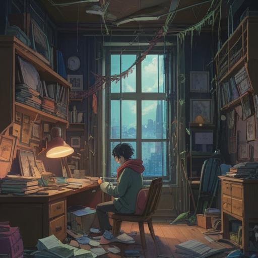 A serene and introspective scene depicting a person sitting at a cluttered desk with a distant gaze, surrounded by symbolic elements like a clock with melting numbers, floating orbs of light representing unexplored opportunities, soft beams of sunlight filtering through a window, a calming plant in the corner, and wisps of mist conveying a sense of spiritual awakening, capturing the duality of boredom and potential, 4k