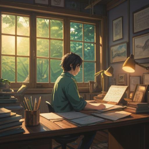 A serene workplace setting, a person sitting at a desk looking contemplative, soft sunlight streaming through a window, spiritual symbols subtly appearing around, a sense of calm and introspection, elements of nature like plants or crystals nearby, vibrant yet soothing color palette, 4k