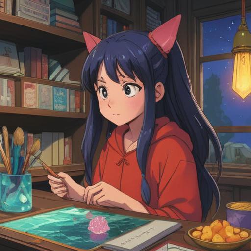 A serene workspace scene, featuring an array of spiritual items to uplift spirits during work fatigue, calming crystals, inspiring affirmation cards, a lit candle exuding warm light, a peaceful indoor plant for fresh energy, an open journal for reflection, a cozy atmosphere, balanced composition, harmonious colors, enhancing motivation and focus, 4k