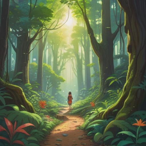 A serene landscape depicting a winding path through a lush forest, soft sunlight filtering through the leaves, a figure meditating by a crystal-clear stream, vibrant flowers symbolizing growth and transformation, mystical elements like glowing orbs, a sense of tranquility and inner peace, inviting atmosphere for personal reflection, 4k