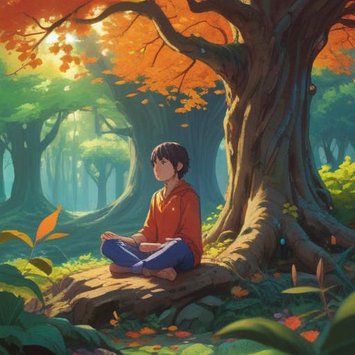 A serene landscape featuring a person meditating under a large tree, symbols of change represented by fluttering leaves, soft beams of sunlight filtering through, a calm river reflecting the sky, gentle presence of wildlife symbolizing awareness, ethereal energy surrounding the scene, vibrant colors, peaceful atmosphere, 4k