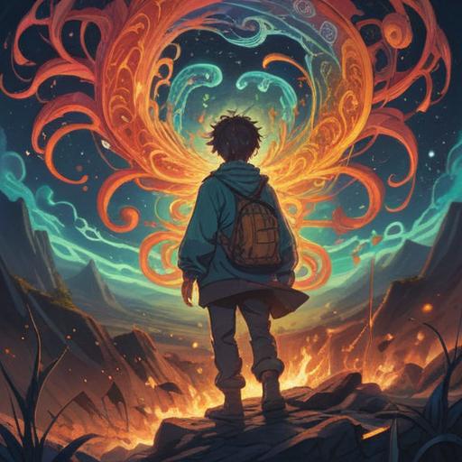 A deep and introspective illustration, representing the spiritual connection between work and anxiety, a figure surrounded by swirling energies, symbolic representations of stress and fulfillment, serene yet chaotic atmosphere, contrasting elements of light and shadow, ethereal colors, contemplative facial expression, 4k