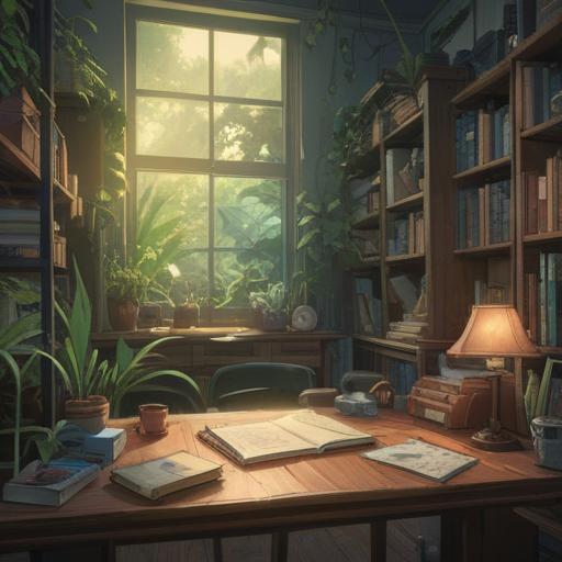 A serene image of a desk with a calming atmosphere, a lucky stone radiating soft light, gentle plants surrounding the workspace, an open notebook with motivational quotes, warm sunlight streaming through the window, representing tranquility and focus, 4k