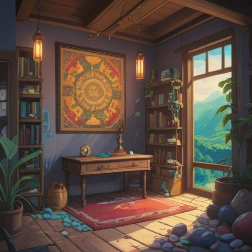 A serene and tranquil scene, featuring various lucky stones arranged in a harmonious way, soft natural lighting, a peaceful indoor setting, a person meditating with a focused expression, surrounded by plants and calming decor, gentle energy radiating from the stones, inviting atmosphere, mindfulness and tranquility, 4k