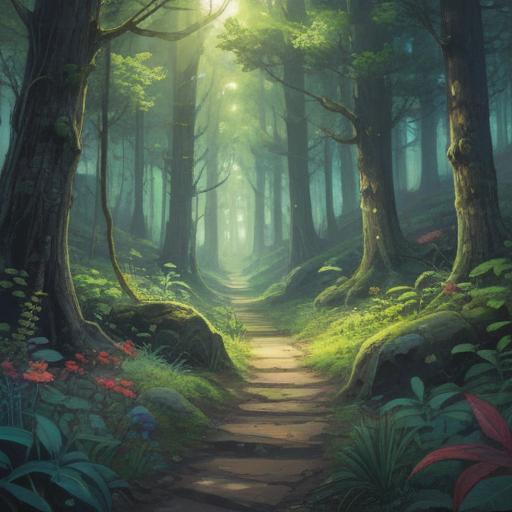 A serene and mystical landscape, depicting a crossroads in a forest, symbolic paths representing different choices, subtle light breaking through the trees, an ethereal figure guiding the way, soft and soothing color palette, peaceful atmosphere, gentle reminder of growth and self-discovery, 4k