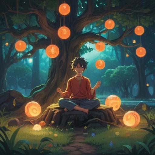 A serene landscape depicting a person meditating under a large tree, soft glowing orbs surrounding them, symbols of clarity and guidance in the air, a feeling of tranquility and introspection, vibrant colors, harmonious nature, a clear sky reflecting inner peace, 4k