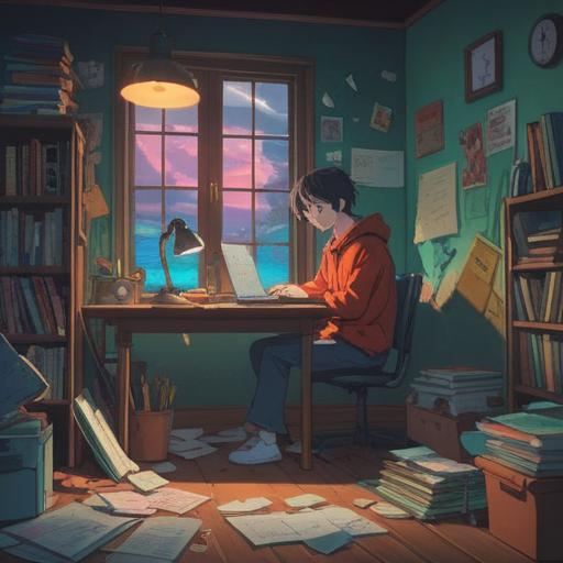 A serene and contemplative scene depicting a person sitting alone at a desk, surrounded by papers and a laptop, a faint glow emanating from a crystal nearby, symbolizing clarity and hope, soft light filtering through a window, creating a calming atmosphere, gentle colors, soothing visuals, spiritual elements represented by ethereal patterns in the air, 4k