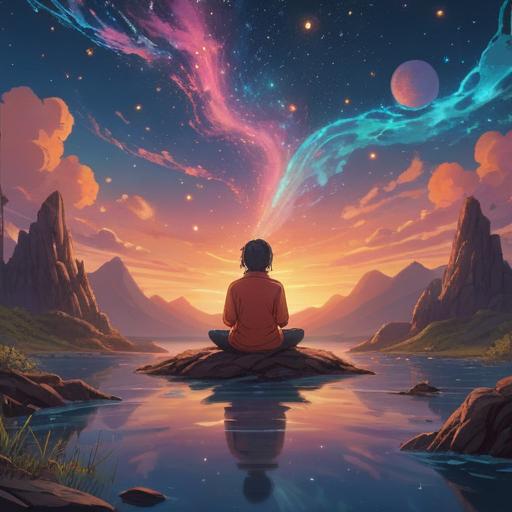 A serene landscape depicting a person meditating under a vast, starry sky, ethereal light illuminating their surroundings, gentle waves of energy flowing around them, symbols of peace and transformation in the air, a sense of liberation and tranquility radiating from the scene, natural elements like trees and flowing water enhancing the soothing atmosphere, 4k