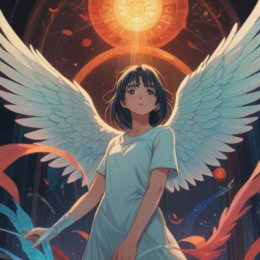 A mystical illustration depicting spiritual signs emerging during tough work moments, ethereal light, subtle symbols like feathers and angel wings, a serene atmosphere, a figure looking thoughtfully into the distance, nature elements intertwining with office items, calming color palette, 4k