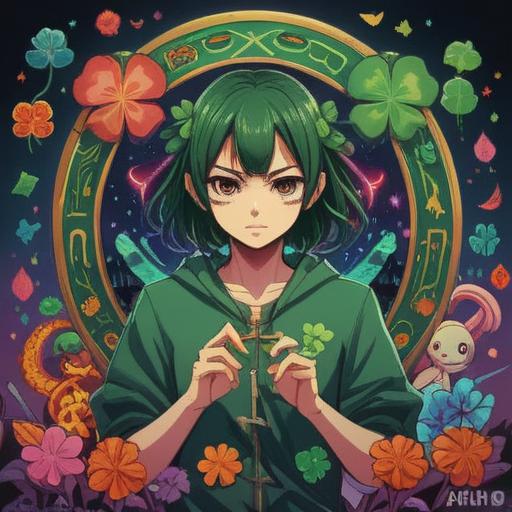 A vivid illustration of a lucky symbol that alleviates the hardships of work, featuring a four-leaf clover surrounded by uplifting icons like a smiling sun and cheerful birds, bright colors, positive energy, harmonious design, conveying hope and prosperity, appealing to stress relief, serene background elements, 4k