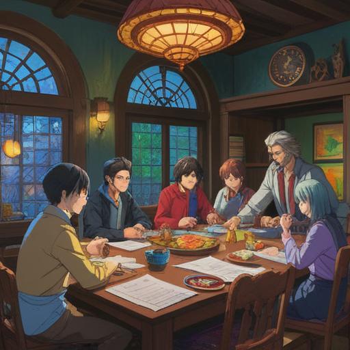 A vibrant and engaging graphic representation of a diverse group of individuals collaborating around a large table, colorful charts and documents scattered across the surface, deep discussions and brainstorming in progress, warm and inviting atmosphere, clear visual focus on teamwork and ideas coming together, detailed expressions of concentration and excitement, 4k