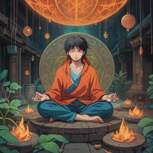 A spiritual representation of repeated failures in work, a person sitting in meditation, surrounded by ethereal symbols of guidance and enlightenment, a chaotic yet vibrant workspace in the background, soft glowing light emanating from within, a contrast between chaos and serenity, deep introspection, 4k