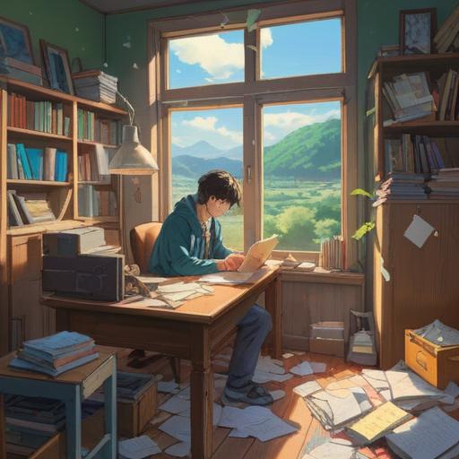A serene and uplifting illustration depicting a person sitting at a desk surrounded by scattered papers and a computer, sunlight streaming through the window, gentle clouds outside symbolizing growth and transformation, an ethereal glow representing spiritual guidance, moments of reflection and resilience, soft and calming colors, positive energy radiating, a sense of hope and new beginnings, 4k