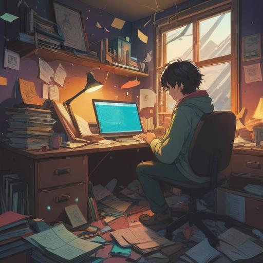 A contemplative scene depicting a person at a cluttered desk surrounded by scattered papers and a laptop, reflecting frustration and overwhelm, subtle glowing orbs in the air representing spiritual signs, a window showing a stormy sky outside symbolizing turmoil, warm light filtering through, suggesting hope and guidance, 4k