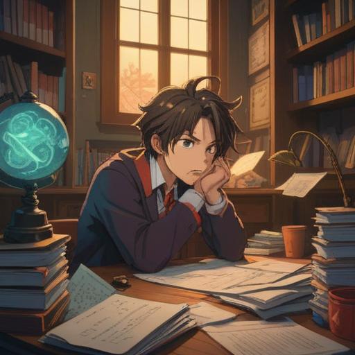 A person sitting at a desk surrounded by paperwork, looking frustrated and overwhelmed, a bright light shining from a lucky charm on the desk, colorful papers flying in the air symbolizing chaotic work environment, the character contemplating a fresh start, a hopeful expression, vibrant colors, inspirational atmosphere, 4k
