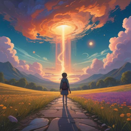 A serene landscape depicting a person standing at a crossroads, illuminated by soft celestial light, ethereal signs in the sky symbolizing new beginnings, lush greenery surrounding, a sense of calm and clarity, conveying the feeling of spiritual guidance and intuition, 4k