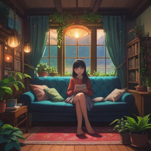 A serene and introspective scene, a person sitting on a cozy couch, surrounded by soft lighting and plants, a gentle aura emanating around them, symbols of spiritual growth like feathers and crystals, a window showing a calming nature landscape outside, warm colors, peaceful atmosphere, reflection of inner peace and intuition, 4k