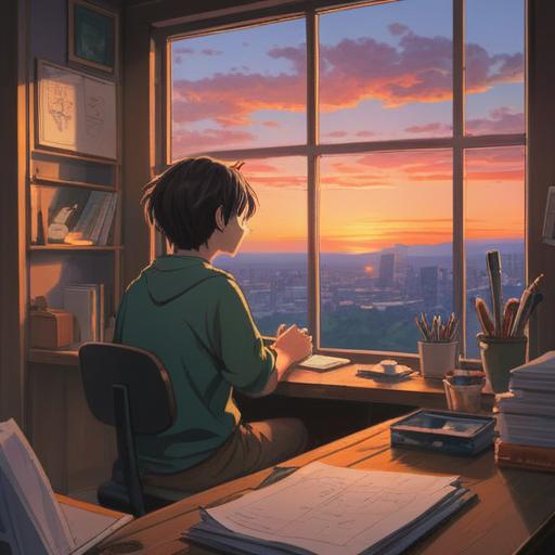 A serene scene depicting a person sitting at a desk, looking out the window at a beautiful sunrise, feeling a sense of anxiety and reluctance, surrounded by spiritual symbols like feathers and crystals, soft light illuminating the room, a sense of introspection and self-discovery, nature outside contrasting with the indoor environment, 4k