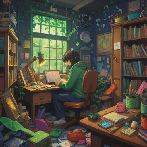 A whimsical illustration of a person sitting at a cluttered desk, surrounded by colorful lucky items like a four-leaf clover, a small fortune cat, and a lucky coin, expressing reluctance to go to work, soft lighting, cozy atmosphere, playful character design, thoughtful reflection, 4k