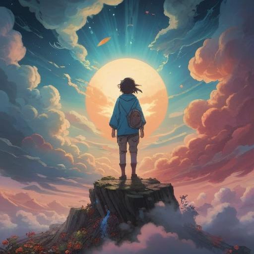 A serene illustration depicting a person surrounded by clouds, feeling overwhelmed by negativity, ethereal light breaking through, symbols of spiritual guidance, gentle colors, tranquil atmosphere, deep contemplation, a sense of transformation, 4k