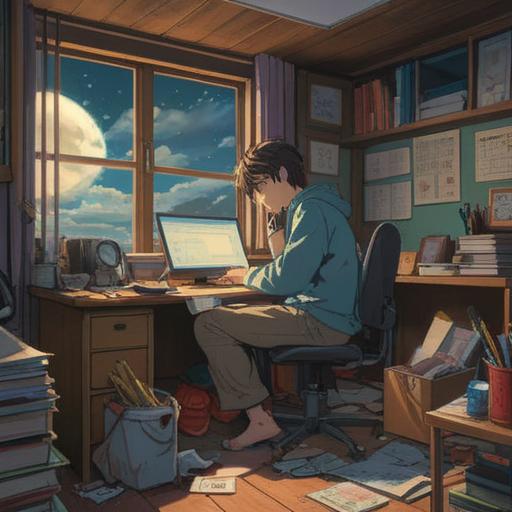 A contemplative scene depicting the emotional toll of a stressful job, a person sitting at a cluttered desk with a pained expression, surrounded by paperwork and a dimly lit office environment, subtle light filtering through a window, a faint aura of energy around the individual representing spiritual awareness, soft shadows creating a somber mood, introspective atmosphere, 4k