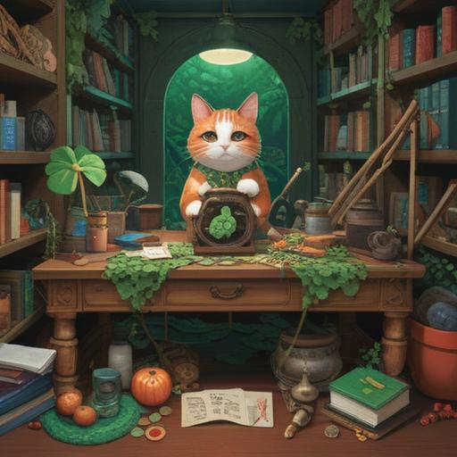 A whimsical illustration of a desk cluttered with lucky items, a four-leaf clover, a lucky cat figurine, a horseshoe, and a vibrant charm, a person looking frustrated but smiling softly, warm sunlight filtering through the window, a motivational quote on a sticky note, cozy and inviting atmosphere, 4k