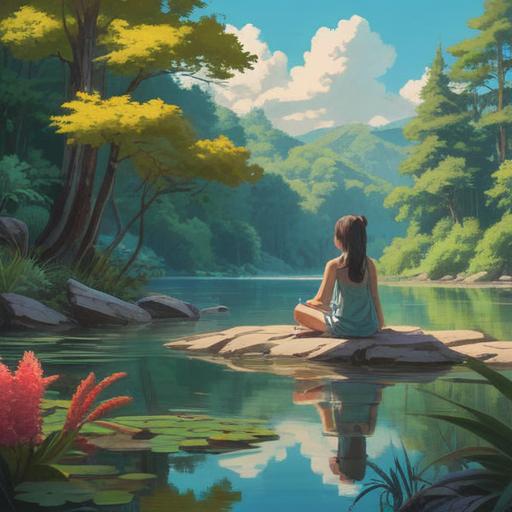 A serene landscape featuring a tranquil lake surrounded by lush greenery, gentle sunlight filtering through trees, a person meditating peacefully on the shore, soft reflections on the water, a sense of calm and harmony, natural beauty, soothing atmosphere, in soft pastel colors, 4k