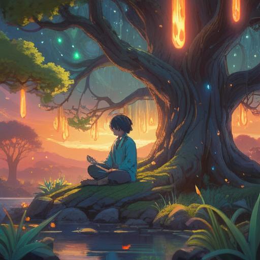 A serene and mystical scene, a person meditating under a glowing tree, surrounded by gentle wisps of light representing spiritual signs, ethereal symbols floating through the air, a calm lake reflecting the sky, soft pastel colors, tranquil atmosphere, inviting and introspective mood, high-resolution