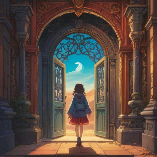 A person standing before a large, ornate door, symbolizing new opportunities, thoughtful expression, surrounded by a serene and motivating environment, soft light filtering through the trees, gentle breeze rustling leaves, motivational quotes subtly integrated into the background, 4k