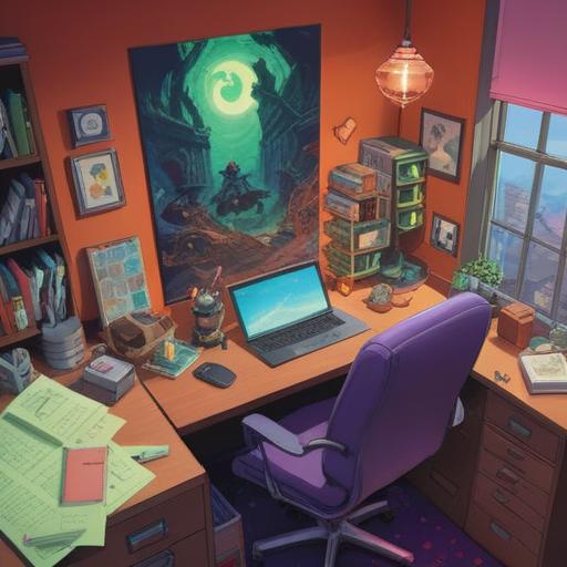A vibrant and motivational illustration, a desk cluttered with office supplies, a lucky charm prominently displayed, a notepad filled with ideas, a steaming cup of coffee, a calendar with marked deadlines, a serene plant adding freshness, bright sunlight streaming through the window, a sense of hope and positivity, 4k
