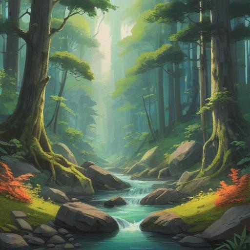 A serene nature scene, tranquil forest setting, gentle sunlight filtering through the trees, a peaceful river flowing, soft moss-covered rocks, a person meditating by the water, calming colors, feeling of relaxation and rejuvenation, 4k