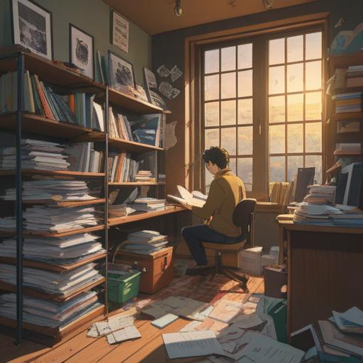A serene and introspective scene, a person sitting alone in a sunlit office surrounded by papers and unfinished tasks, a sense of detachment in their expression, ethereal light filtering through the window, symbolic elements like floating feathers representing spiritual guidance, interconnected energy lines illustrating the unseen forces at play, a calm and reflective mood, vibrant yet soft color palette, 4k