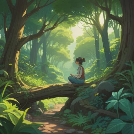 A serene illustration of a person practicing mindfulness in a tranquil natural setting, lush greenery surrounding them, soft sunlight filtering through the trees, a gentle stream flowing nearby, elements like crystals and meditation tools scattered around, the essence of spiritual growth and daily mindfulness practices, calming atmosphere, harmony with nature, vibrant energy, 4k