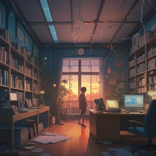 A mystical and thought-provoking scene, a person standing in an office surrounded by blurred figures representing stress and confusion, ethereal light illuminating their contemplative expression, abstract symbols of intuition and spiritual insight, a blend of modern corporate environment and serene nature, soft colors, atmospheric depth, 4k