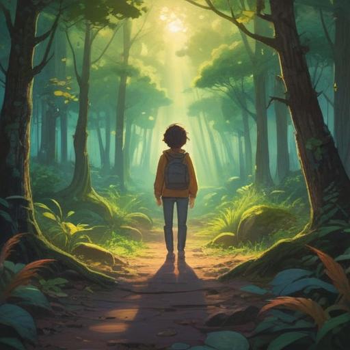 A serene and introspective digital painting, a person standing at a crossroads, warm sunlight filtering through trees, ethereal glow surrounding them, symbols of clarity and guidance in the air, deep contemplation on their face, vibrant green landscape, a sense of peace and awakening, 4k