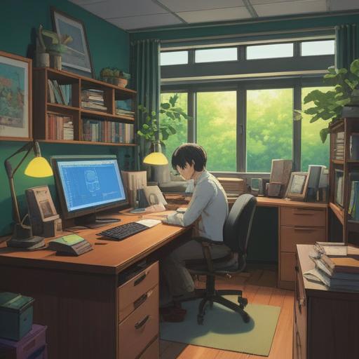 A serene office environment, a person reflecting deeply at a desk, visual metaphors of clarity and understanding, tools for practical problem-solving scattered around, a corkboard filled with ideas and solutions, light streaming through a window, a calm and focused atmosphere, motivational quotes on the wall, 4k