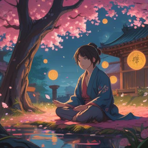 A serene and introspective scene depicting a person meditating under a blooming cherry blossom tree, surrounded by glowing orbs of light representing positive spiritual signs, soft beams of sunlight filtering through the branches, a tranquil pond reflecting the blossoms, calm and uplifting atmosphere, vibrant nature, detailed imagery, 4k