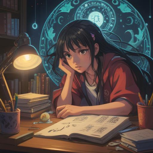 A person sitting at a desk with a worried expression, surrounded by floating symbols of spirituality like the yin-yang, crying eye, and feathers, a dark cloud overhead symbolizing uncertainty, light breaking through from behind, hints of nature through a window, serene colors, detailed workspace background, introspective atmosphere, 4k