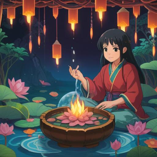 A serene and calming illustration, spiritual items like crystals, incense, and lotus petals, gentle light illuminating the scene, peaceful ambiance, soft pastel colors, harmonious design, nature elements like flowing water and green plants, 4k