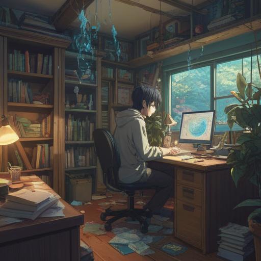 A serene and calming illustration of a person sitting at a cluttered desk, surrounded by floating ethereal energy, soft light illuminating the scene, symbols of motivation and inspiration hovering around, peaceful expression on the person's face, nature elements like plants and sunlight streaming in through a window, representation of spiritual awakening and inner peace, subtle colors, harmonious atmosphere, 4k