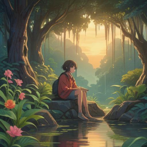 A serene and introspective scene, a person sitting peacefully in a tranquil natural setting, surrounded by soft light and vibrant flora, looking contemplatively at a distant horizon, subtle aura representing spiritual awakening, gentle flow of energy, calming atmosphere, hints of hope and renewal, 4k