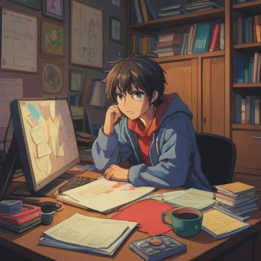 A serene illustration depicting a person sitting at a cluttered desk, surrounded by papers and a computer, gazing thoughtfully out of a window, soft light filtering through, subtle hints of nature outside, symbols of spiritual guidance like feathers and crystals nearby, an aura of calmness, expressing hesitation and contemplation, 4k