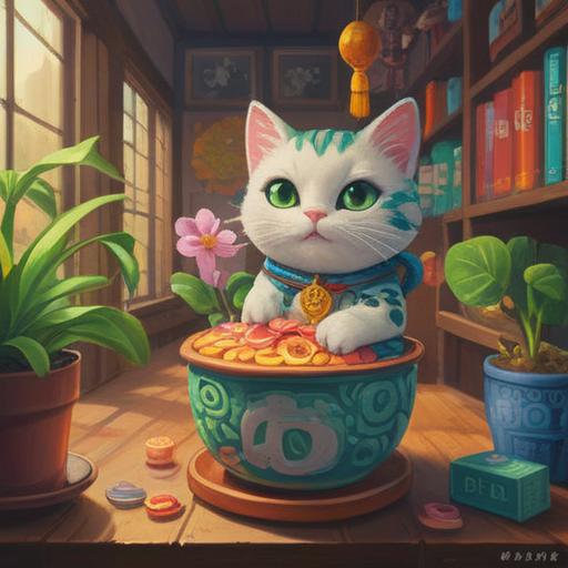 A whimsical illustration of motivational lucky charms for work, colorful and vibrant, featuring a lucky cat figurine, a small potted plant, an inspirational quote card, a delightful coffee mug, surrounded by a cluttered desk space, hinting at a cozy yet chaotic work environment, cheerful ambiance, 4k