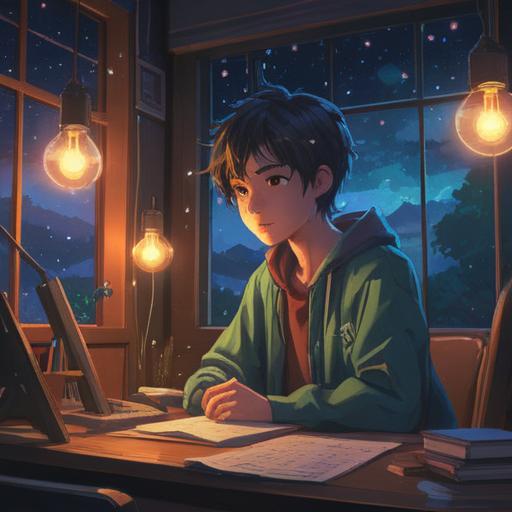 A tranquil scene depicting a person sitting at a desk, looking contemplative, surrounded by soft ethereal lights, symbols of creativity and motivation floating in the air, a gentle spiritual aura, a serene expression on their face, reflecting inner peace and self-discovery, inviting energy of renewal, 4k