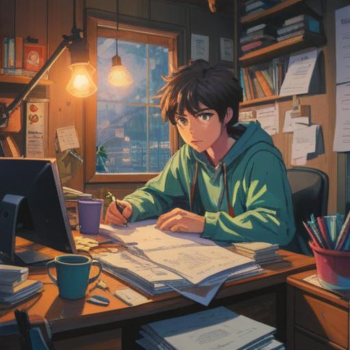 A motivational scene depicting a person sitting at a cluttered desk, surrounded by work documents, a half-finished cup of coffee, and a glowing lucky stone, soft light filtering through the window, a sense of calm and inspiration, vibrant colors emphasizing the lucky stone's energy, 4k