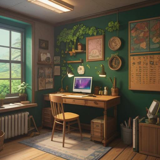 A serene workspace filled with lucky items, a beautifully arranged desk with a four-leaf clover, a horseshoe hanging on the wall, a crystal ball reflecting light, calming colors, motivational quotes on sticky notes, a gentle sunlight streaming through the window, inspiring atmosphere, 4k