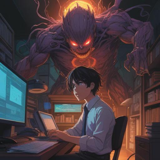 An illustration depicting workplace power harassment, a shadowy figure looming over a stressed employee, a contrast between light and dark showing emotional turmoil, elements representing spirituality such as gentle light rays, calming symbols, and ethereal background, conveying a sense of struggle and hope, 4k