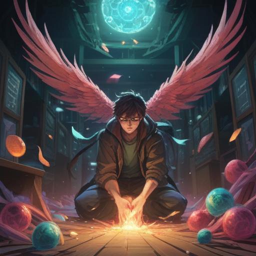 A dramatic illustration of a person experiencing workplace bullying, ethereal light shining down, symbolic spiritual signs like feathers and orbs surrounding them, a somber office background, a feeling of tension and uncertainty, introspective expression on the character's face, 4k