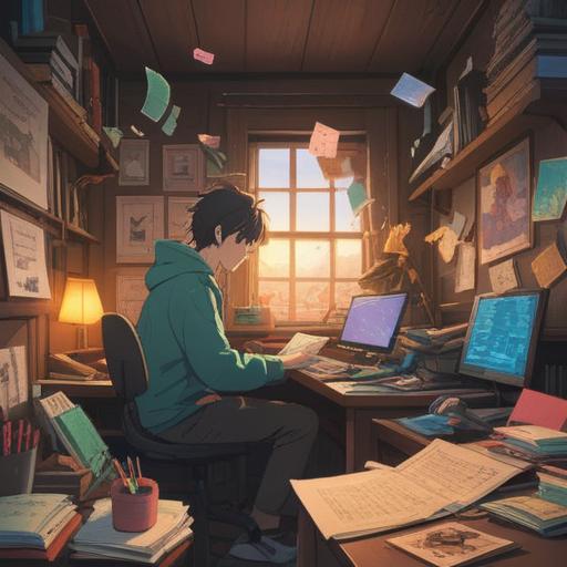 A serene and introspective scene, a person sitting at a cluttered desk surrounded by papers and a laptop, gentle light filtering through a window, ethereal symbols floating around representing spiritual signs, thoughtful expression on the person's face, calming color palette, a hint of chaos but a sense of clarity emerging, visualization of mindfulness practices, 4k