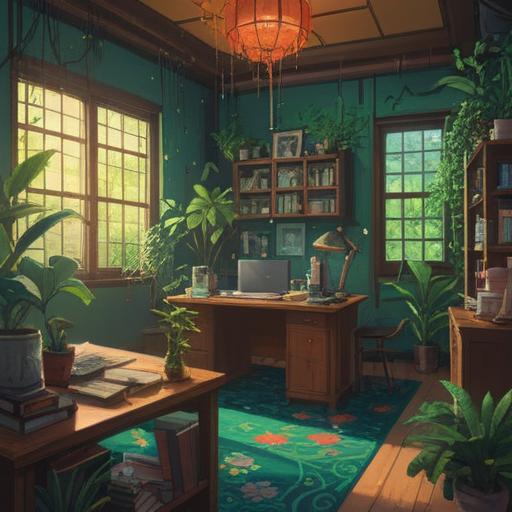 A serene office environment, a meditative figure surrounded by glowing energy, crystals and plants symbolizing growth and prosperity, vibrant colors radiating positivity, calming atmosphere, integration of nature and work, symbols of spiritual balance, 4k